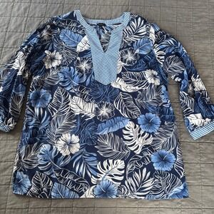 Talbots 3/4 sleeve tunic blue Hibiscus Palms Large 100% cotton blouse